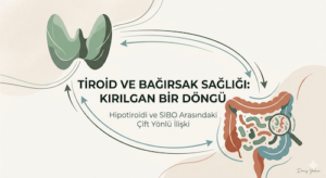 Tiroid ve bağırsak sağlığı arasındaki çift yönlü ilişkiyi gösteren illüstrasyon; kelebek şeklinde tiroid bezi, bağırsak mikrobiyotası ve döngüsel etkileşim okları