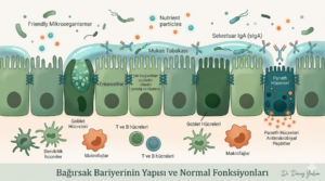 Bağırsak bariyer yapısını gösteren tıbbi illüstrasyon: Enterositler, tight junction (sıkı bağlantılar), mukus tabakası, sIgA ve bağışıklık hücreleri.