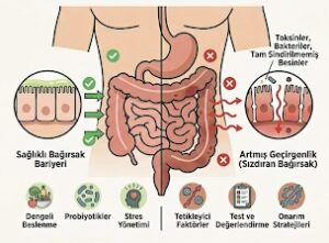 Sağlıklı bağırsak bariyeri ve sızdıran bağırsak (leaky gut) karşılaştırmalı infografik şeması.