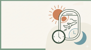 Jet lag ve sirkadiyen ritim konulu blog yazısı için hazırlanan, uçak penceresi, saat, minimalist güneş ve ay figürlerini içeren kurumsal renkli modern illüstrasyon görseli.