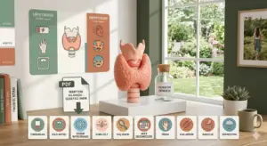 Tiroid bezi anatomik modeli, hipotiroidi ve hipertiroidi semptomları ile ücretsiz indirilebilir semptom kılavuzu infografiği.